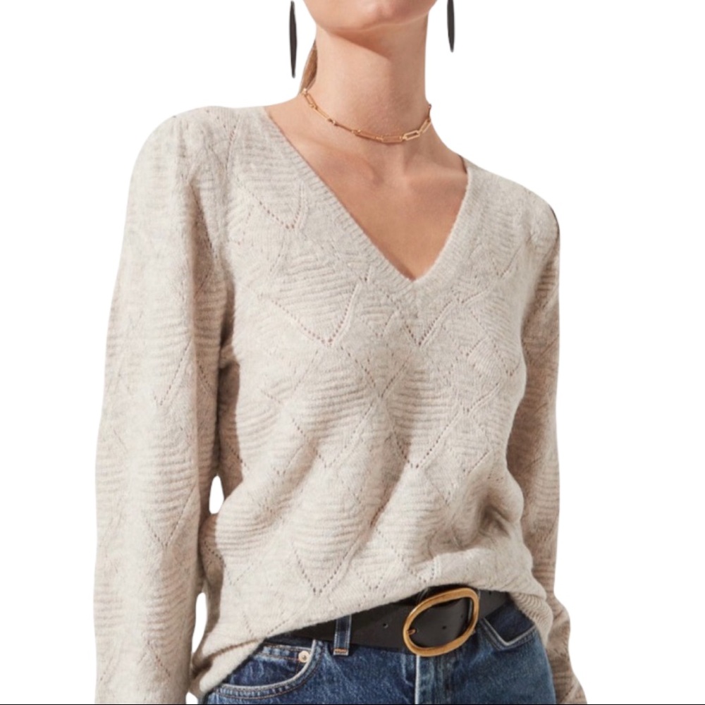 ASTR The Label Wool Blend Argyle Pointelle Sweater in Oatmeal Size Small